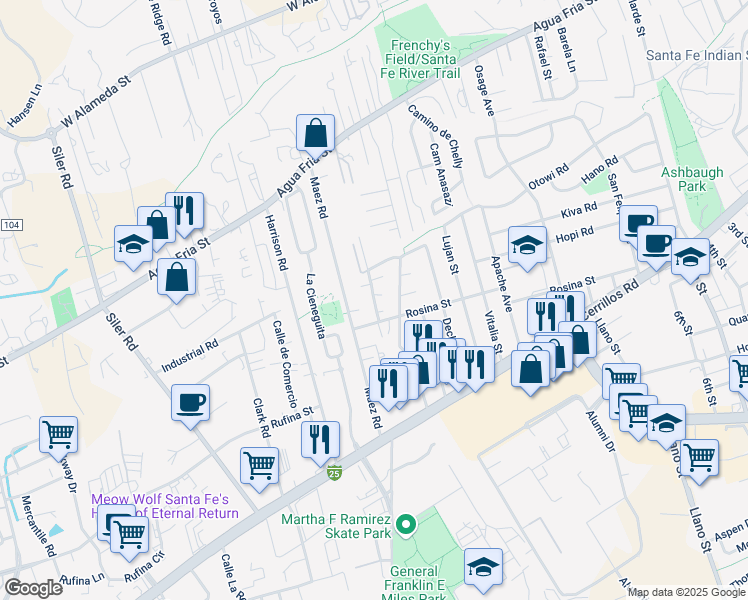 map of restaurants, bars, coffee shops, grocery stores, and more near 1255 Gallegos Lane in Santa Fe