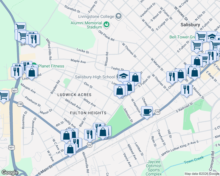 map of restaurants, bars, coffee shops, grocery stores, and more near 603 Lincolnton Road in Salisbury