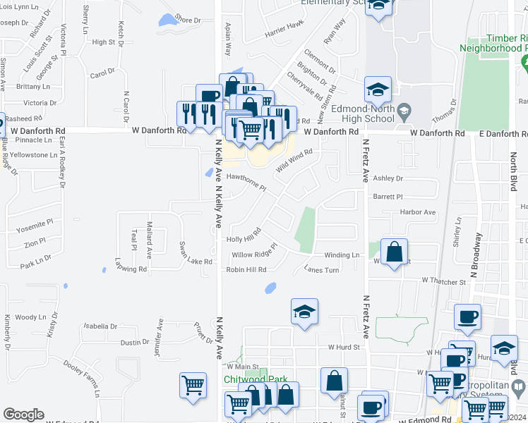 map of restaurants, bars, coffee shops, grocery stores, and more near 629 Holly Hill Road in Edmond