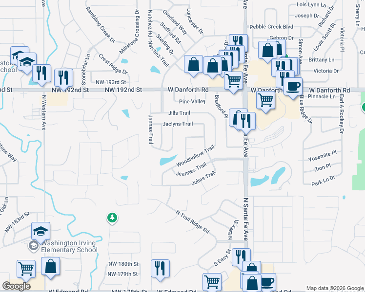 map of restaurants, bars, coffee shops, grocery stores, and more near 809 Ricks Trail in Edmond