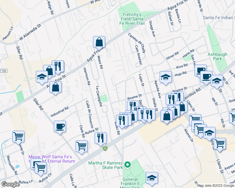 map of restaurants, bars, coffee shops, grocery stores, and more near 1253 Gallegos Lane in Santa Fe