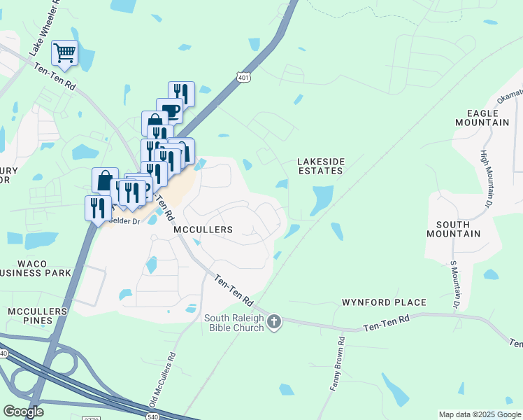 map of restaurants, bars, coffee shops, grocery stores, and more near 401 Amber Acorn Avenue in Raleigh
