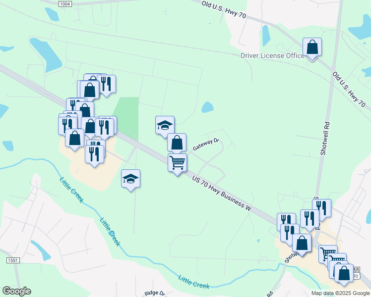 map of restaurants, bars, coffee shops, grocery stores, and more near Tew Court in Clayton