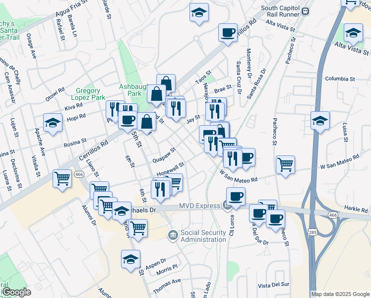 map of restaurants, bars, coffee shops, grocery stores, and more near 1703 3rd Street in Santa Fe