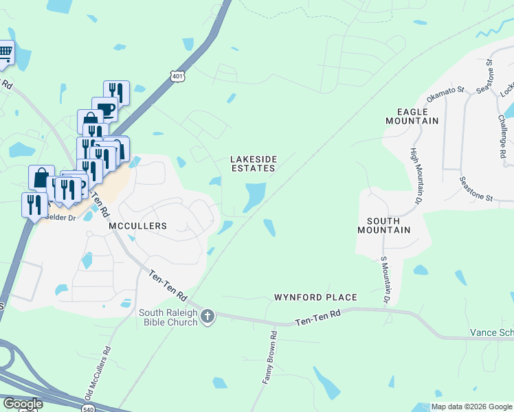 map of restaurants, bars, coffee shops, grocery stores, and more near 8001 Caddy Road in Raleigh