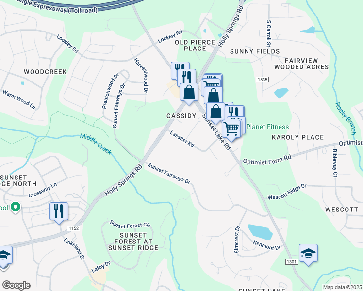 map of restaurants, bars, coffee shops, grocery stores, and more near 3006 State Road 1549 in Holly Springs