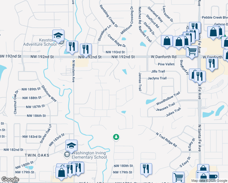map of restaurants, bars, coffee shops, grocery stores, and more near 625 Northwest 188th Street in Edmond