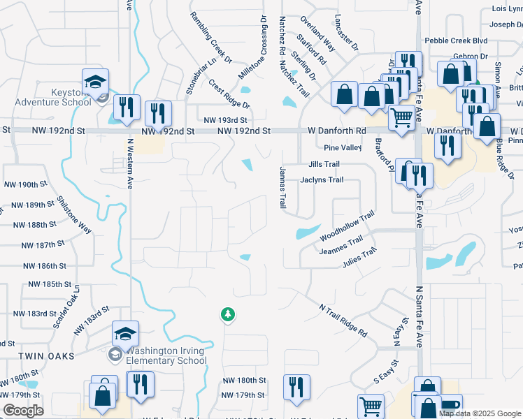map of restaurants, bars, coffee shops, grocery stores, and more near 18713 Hidden Hill Terrace in Edmond