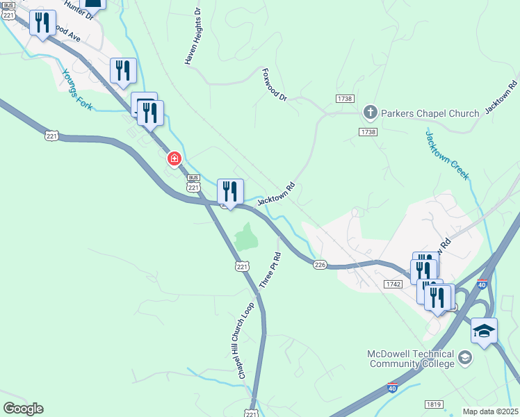 map of restaurants, bars, coffee shops, grocery stores, and more near 2551 North Carolina 226 in Marion