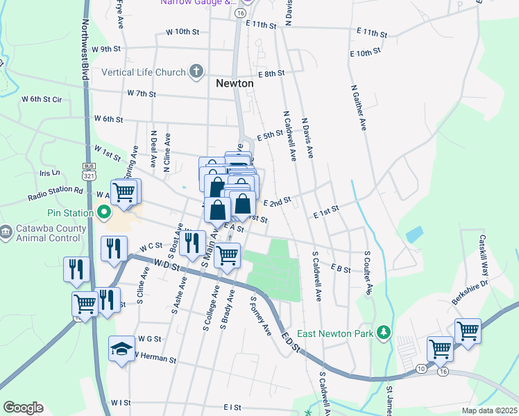 map of restaurants, bars, coffee shops, grocery stores, and more near 111 North Brady Avenue in Newton