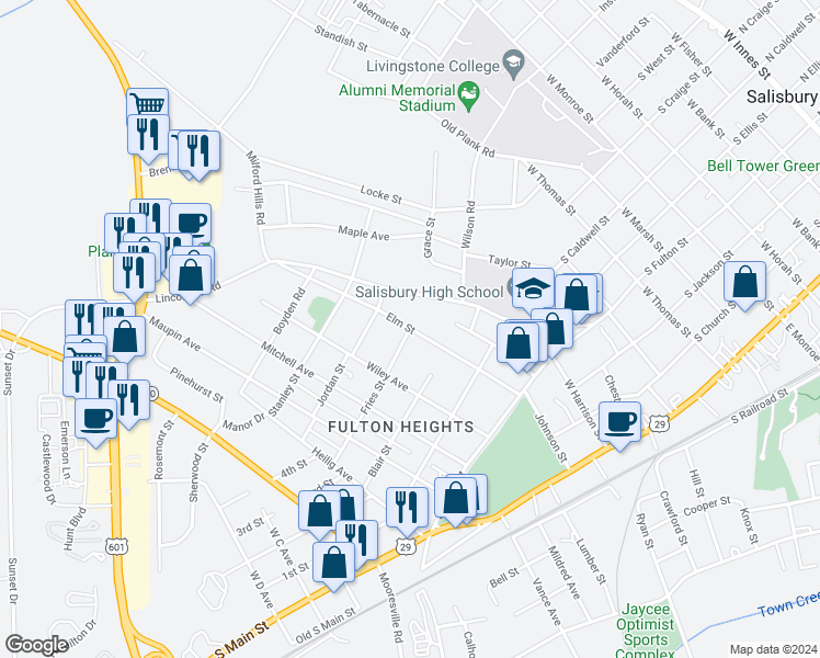 map of restaurants, bars, coffee shops, grocery stores, and more near 1101 Fries Street in Salisbury
