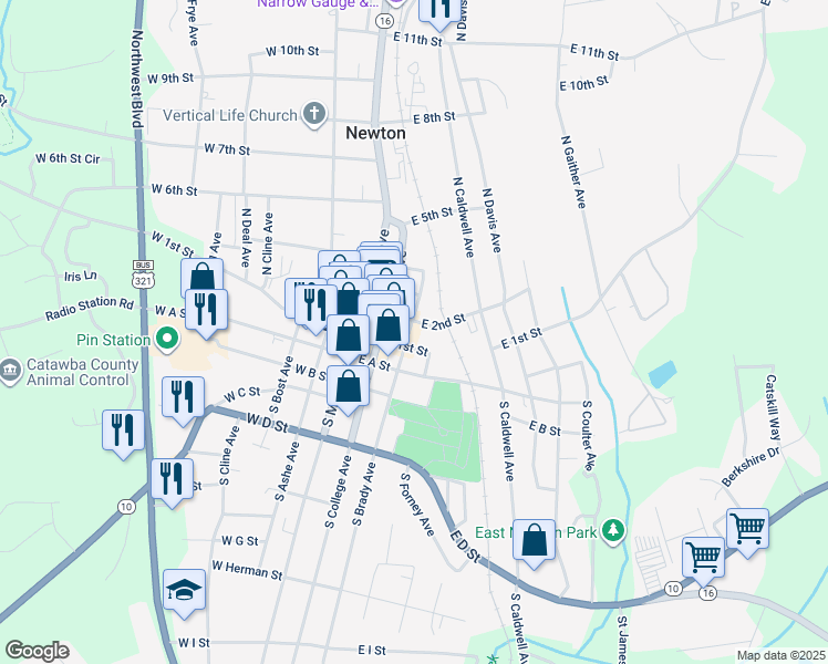 map of restaurants, bars, coffee shops, grocery stores, and more near 111 North Brady Avenue in Newton