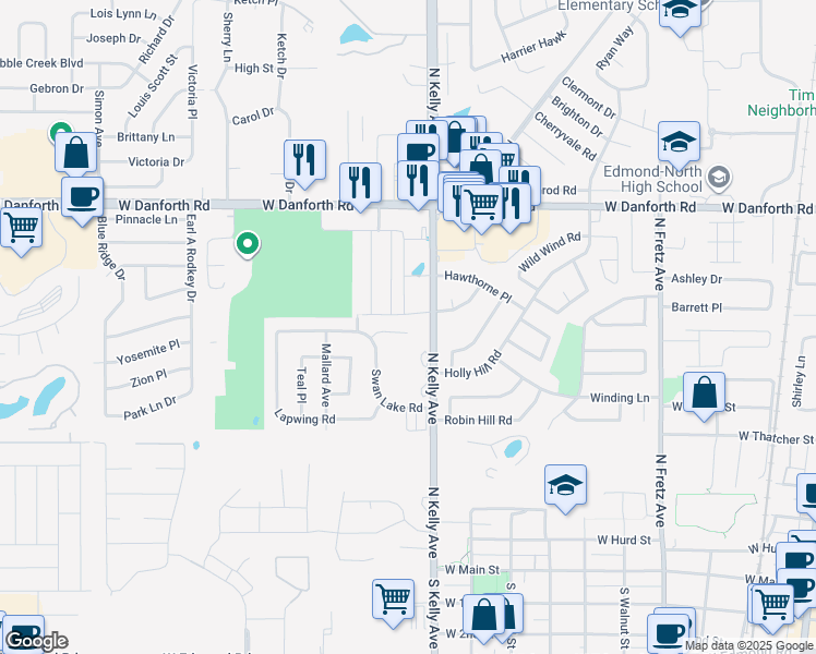 map of restaurants, bars, coffee shops, grocery stores, and more near 925 Swan Lake Court in Edmond