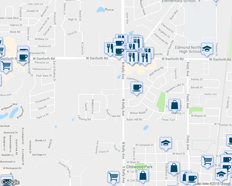 map of restaurants, bars, coffee shops, grocery stores, and more near 927 Swan Lake Court in Edmond
