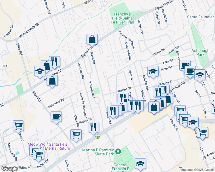 map of restaurants, bars, coffee shops, grocery stores, and more near 1256 Gallegos Lane in Santa Fe