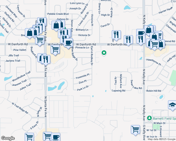 map of restaurants, bars, coffee shops, grocery stores, and more near 1700 Rocky Mountain Way in Edmond