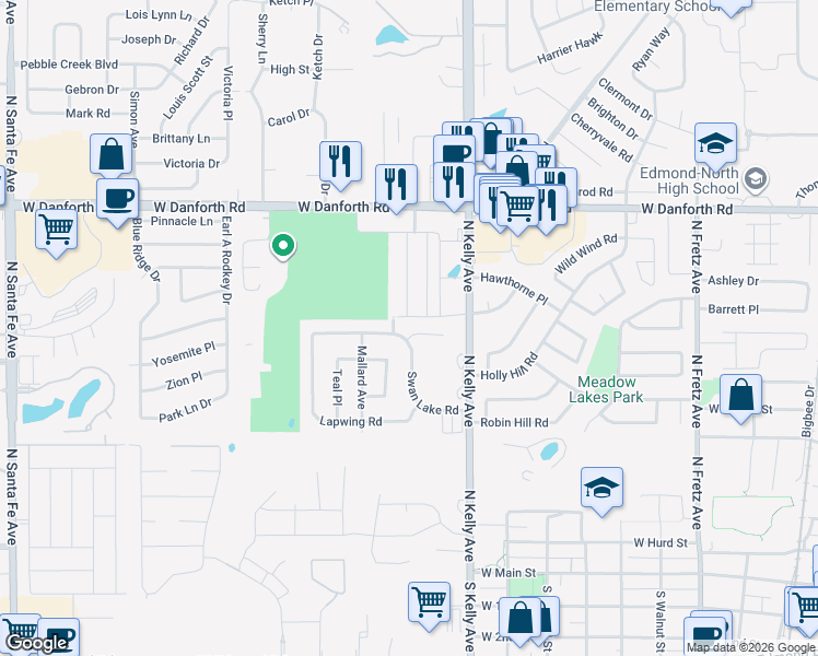 map of restaurants, bars, coffee shops, grocery stores, and more near 1019 Swan Lake Court in Edmond