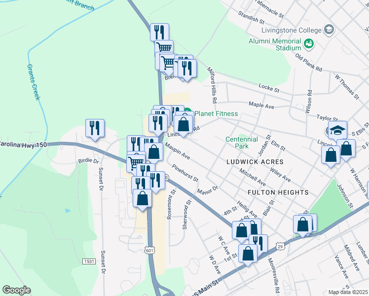 map of restaurants, bars, coffee shops, grocery stores, and more near 821 Mitchell Avenue in Salisbury