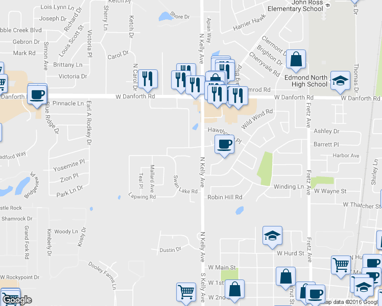map of restaurants, bars, coffee shops, grocery stores, and more near 927 Swan Lake Court in Edmond