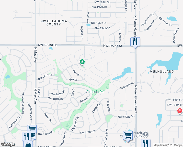 map of restaurants, bars, coffee shops, grocery stores, and more near 2408 Northwest 187th Terrace in Edmond