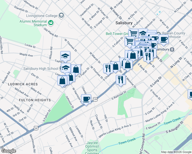 map of restaurants, bars, coffee shops, grocery stores, and more near 712 South Jackson Street in Salisbury