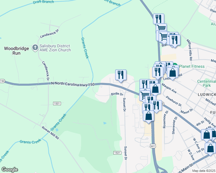map of restaurants, bars, coffee shops, grocery stores, and more near 1601 Mooresville Road in Salisbury
