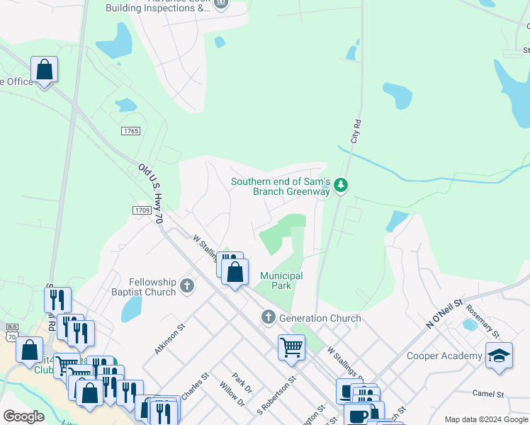 map of restaurants, bars, coffee shops, grocery stores, and more near 51 McDowell Parkway in Clayton