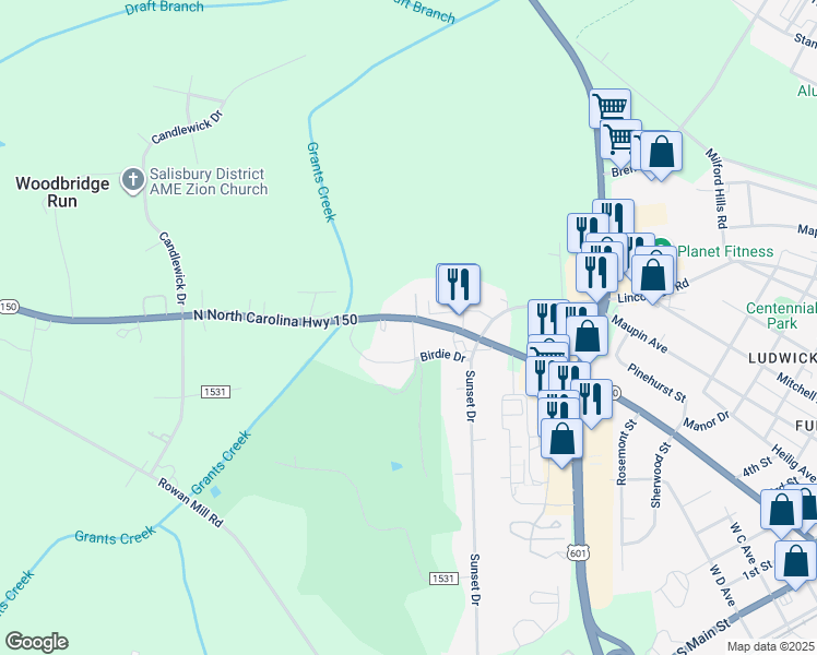 map of restaurants, bars, coffee shops, grocery stores, and more near 1601 Mooresville Road in Salisbury