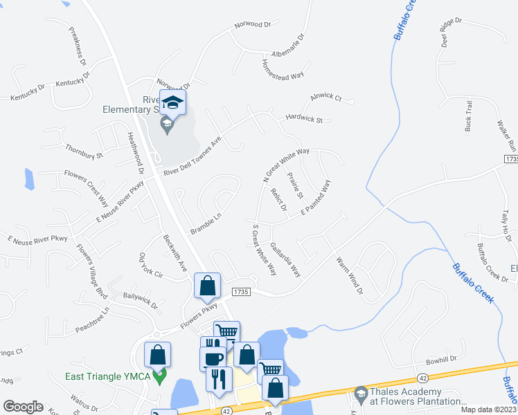 map of restaurants, bars, coffee shops, grocery stores, and more near 50 North Great White Way in Clayton