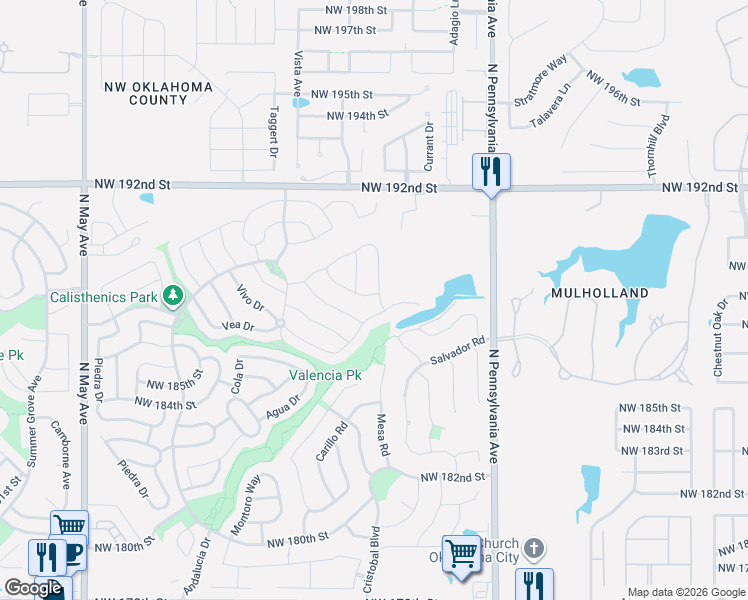 map of restaurants, bars, coffee shops, grocery stores, and more near Jamison Maxwell Trail in Edmond