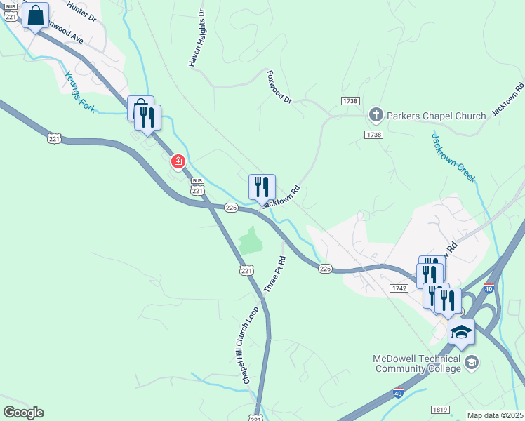 map of restaurants, bars, coffee shops, grocery stores, and more near 2551 North Carolina 226 in Marion