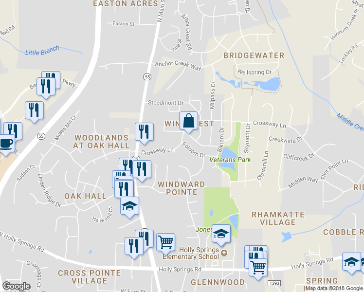 map of restaurants, bars, coffee shops, grocery stores, and more near 101 Folsom Drive in Holly Springs