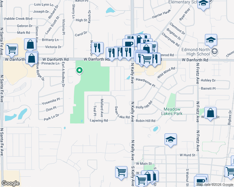 map of restaurants, bars, coffee shops, grocery stores, and more near 1019 Swan Lake Court in Edmond