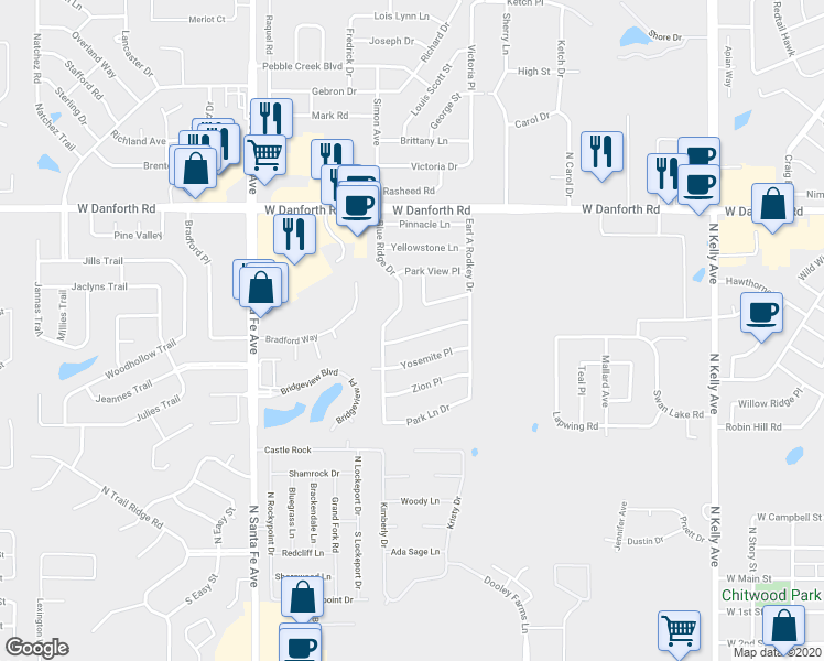 map of restaurants, bars, coffee shops, grocery stores, and more near 1801 Rocky Mountain Way in Edmond