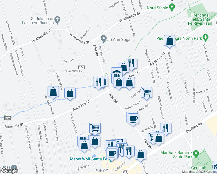 map of restaurants, bars, coffee shops, grocery stores, and more near 1091 Siler Road in Santa Fe