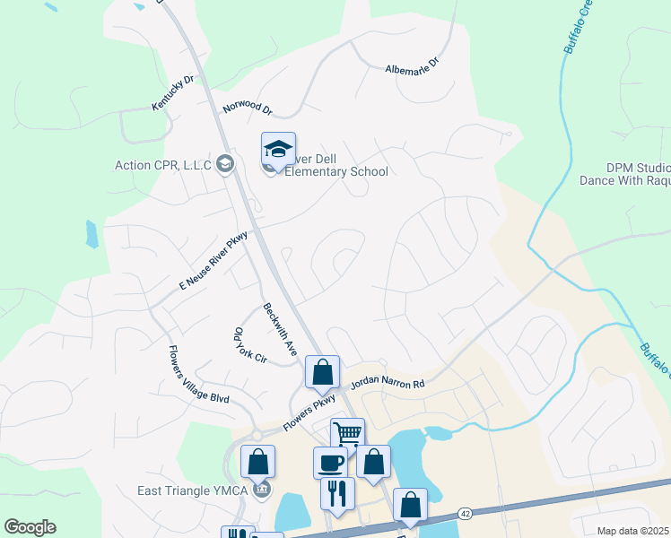 map of restaurants, bars, coffee shops, grocery stores, and more near Blue Spruce Circle in Johnston County