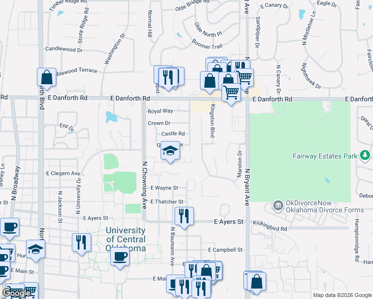 map of restaurants, bars, coffee shops, grocery stores, and more near 917 North Blackwelder Avenue in Edmond