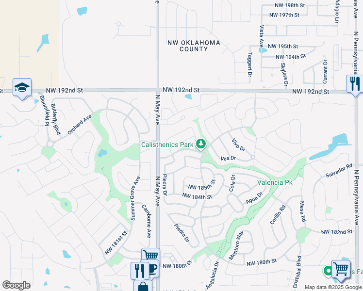 map of restaurants, bars, coffee shops, grocery stores, and more near 2732 Northwest 188th Street in Edmond