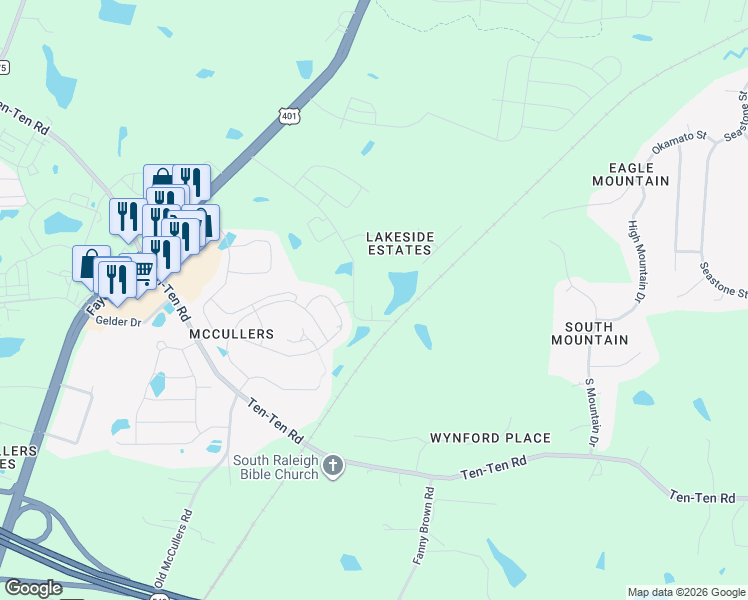 map of restaurants, bars, coffee shops, grocery stores, and more near 8001 Caddy Road in Raleigh