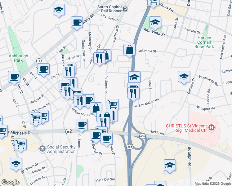 map of restaurants, bars, coffee shops, grocery stores, and more near 1587 Pacheco Street in Santa Fe