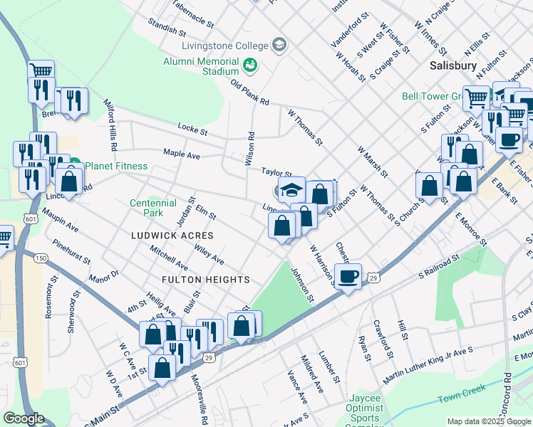 map of restaurants, bars, coffee shops, grocery stores, and more near 603 Lincolnton Road in Salisbury