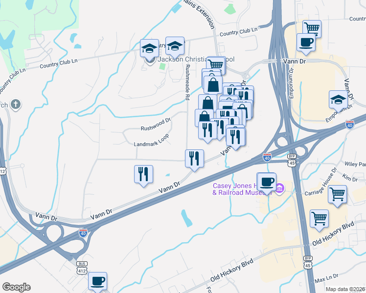 map of restaurants, bars, coffee shops, grocery stores, and more near 1209 Vann Drive in Jackson