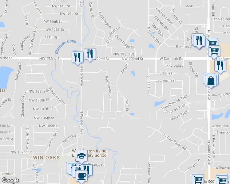 map of restaurants, bars, coffee shops, grocery stores, and more near 913 Northwest 188th Street in Edmond