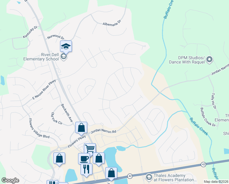 map of restaurants, bars, coffee shops, grocery stores, and more near 85 Relict Drive in Clayton