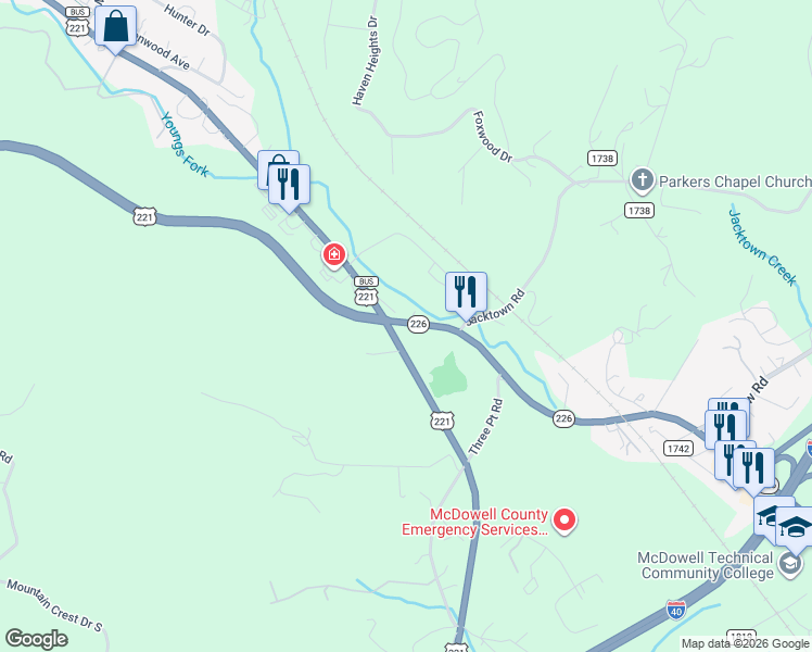 map of restaurants, bars, coffee shops, grocery stores, and more near 2365 U.S. 221 Business in Marion