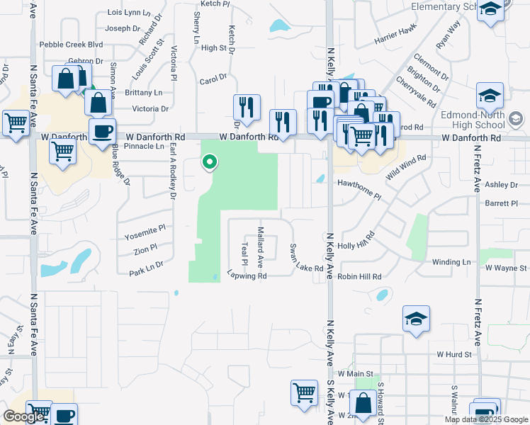 map of restaurants, bars, coffee shops, grocery stores, and more near 1125 Swan Lake Road in Edmond