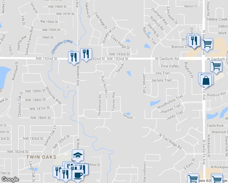 map of restaurants, bars, coffee shops, grocery stores, and more near 625 Northwest 188th Street in Edmond