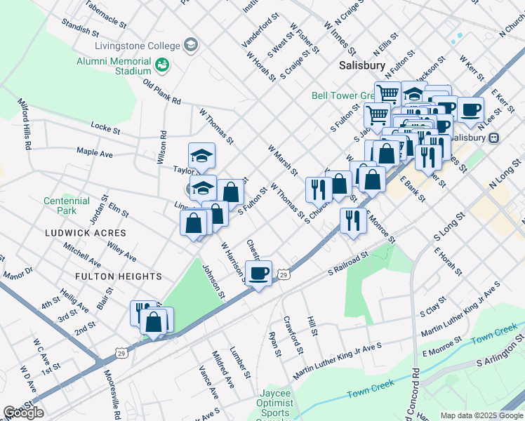 map of restaurants, bars, coffee shops, grocery stores, and more near 324 West McCubbins Street in Salisbury