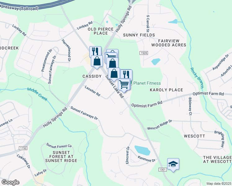 map of restaurants, bars, coffee shops, grocery stores, and more near 4020 Lassiter Road in Holly Springs