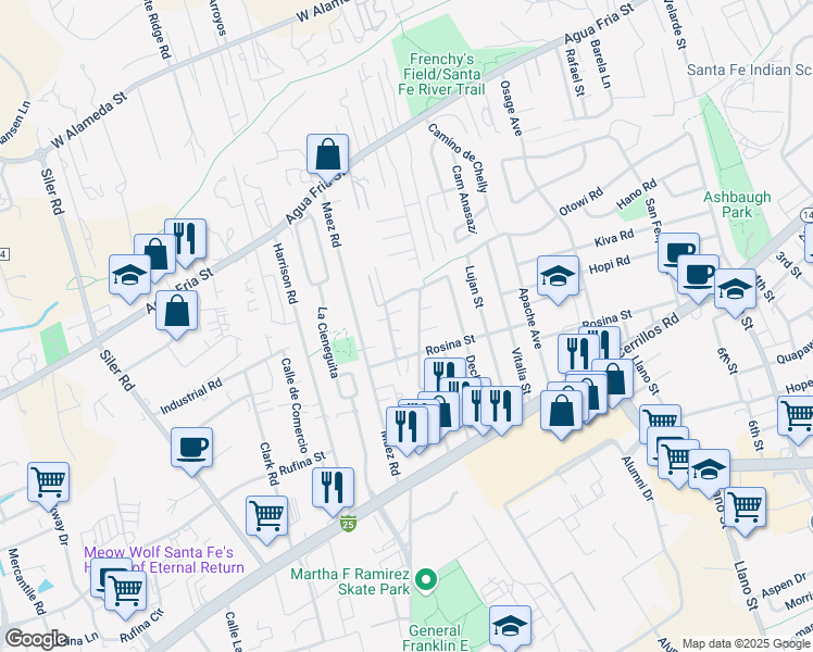 map of restaurants, bars, coffee shops, grocery stores, and more near 1253 Gallegos Lane in Santa Fe